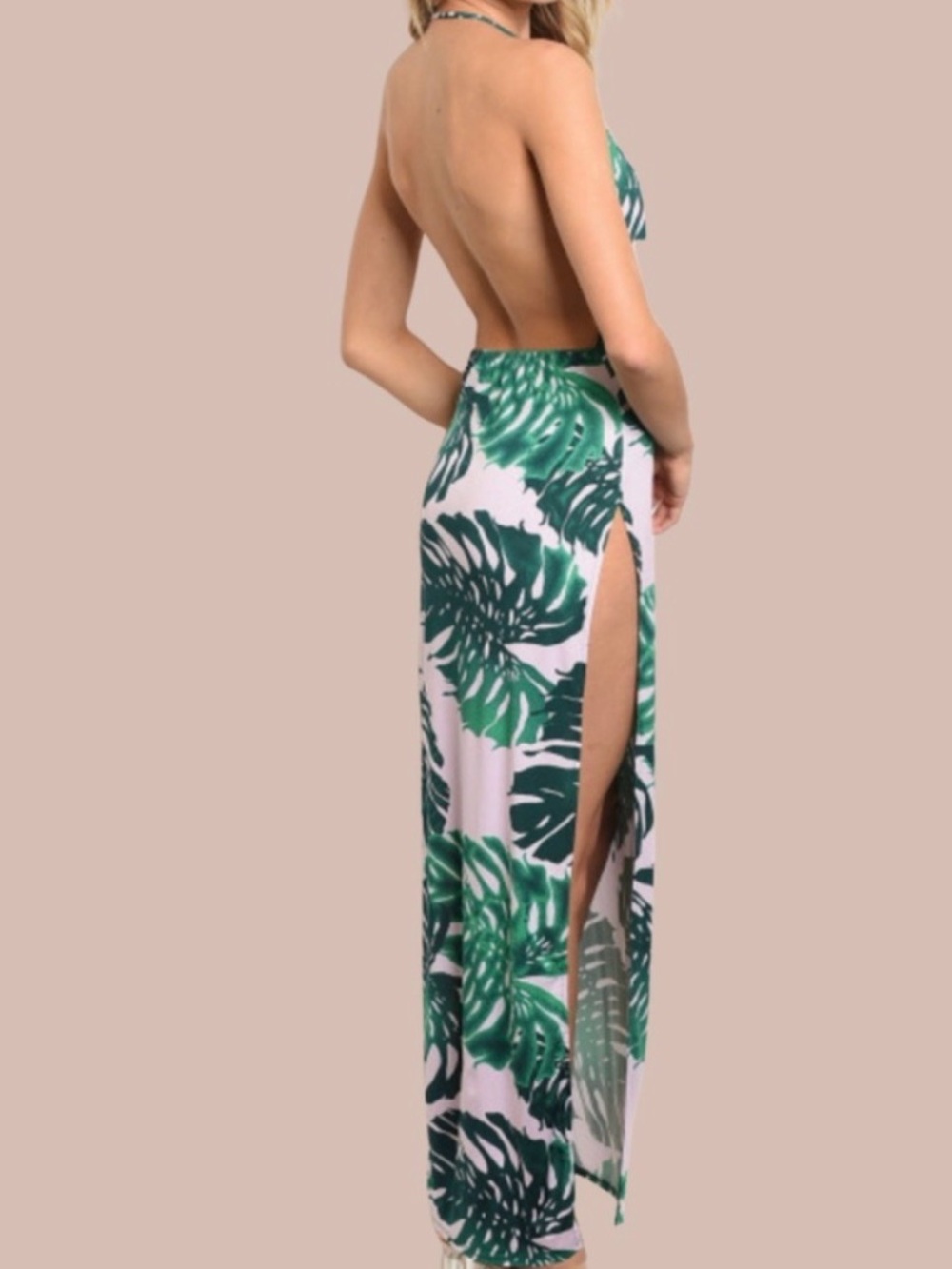 NWT Tropical Leaf Maxi Dress - Green in Light Pink - Small